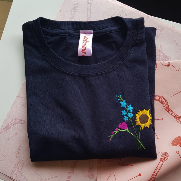 birth flower or wedding bouquet gift. organic cotton tshirt, hand embroidered with posy of custom flowers, including freesia, larkspur and sunflower