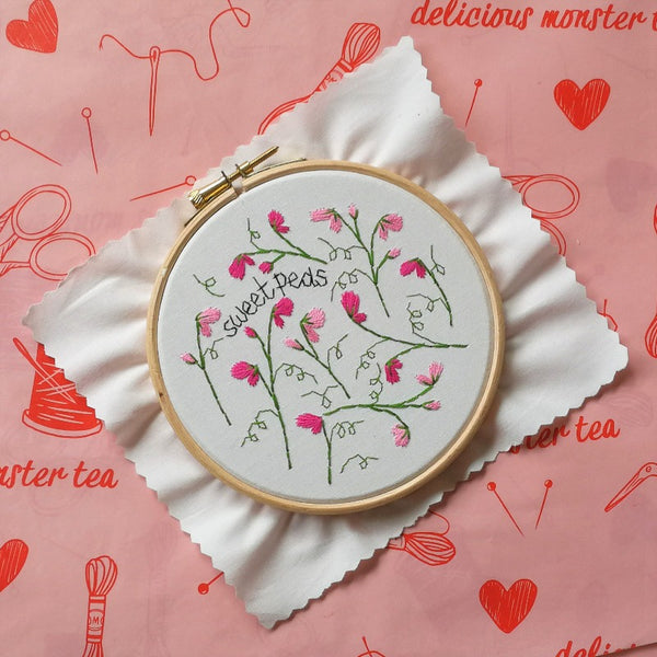 pink sweet peas embroidery kit for beginners. adults craft kit