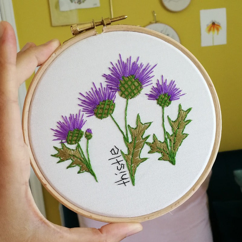 purple thistles embroidery kit for beginners. scottish gift for grandma and adults craft kit 