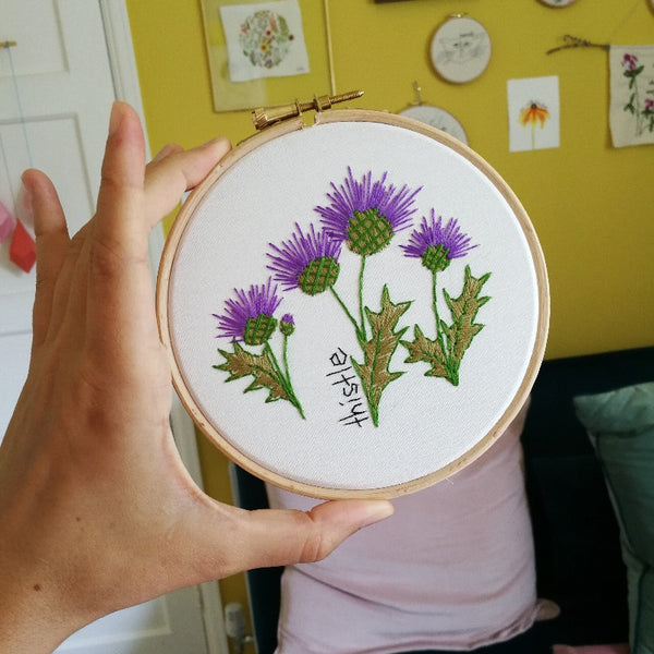 purple thistles embroidery kit for beginners. scottish gift for grandma and adults craft kit 