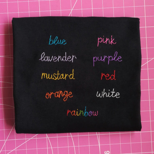 hand embroidery thread colour options for personalised t-shirt