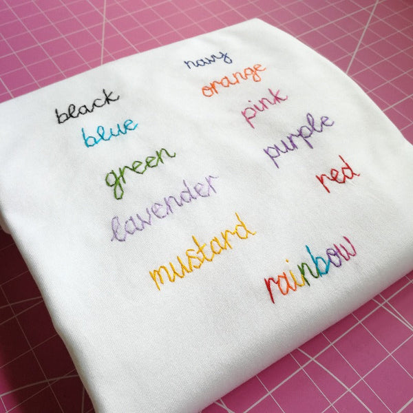 hand embroidery thread colour options for personalised baby grow